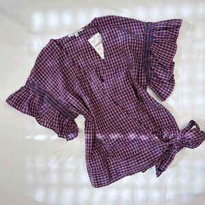 madewell | size xs | nwt flutter-sleeve plaid blouse in burnished rose